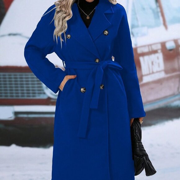 Women's Lapel Collar Long Sleeve Double-Breasted Coat Royal Blue - Picture 5 of 6